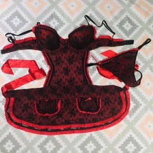 Sexy Red Black Apron Lingerie 32C with G-string L